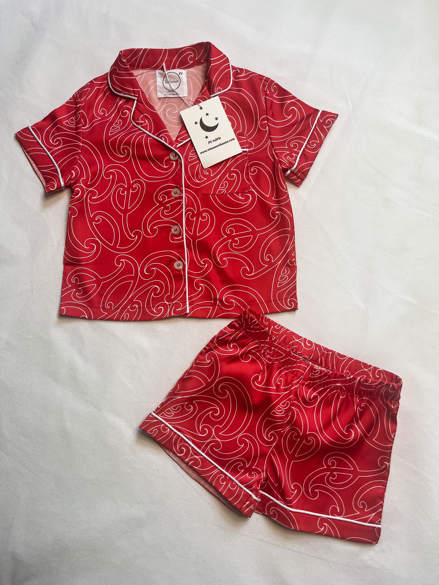 Whenua Short Sleeve Satin Pj Set (Kids - Whero/Red)