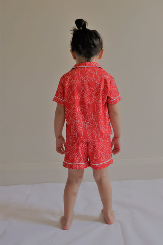 Whenua Short Sleeve Satin Pj Set (Kids - Whero/Red)