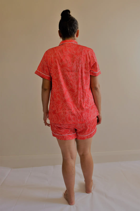 Whenua Short Sleeve Satin Pj Set (Adults - Whero/Red)